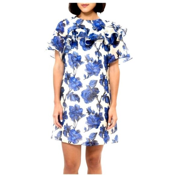 WHIT By Anthropologie Blue And White Floral Print Silk Edie Rose Dress Size L - Picture 1 of 16